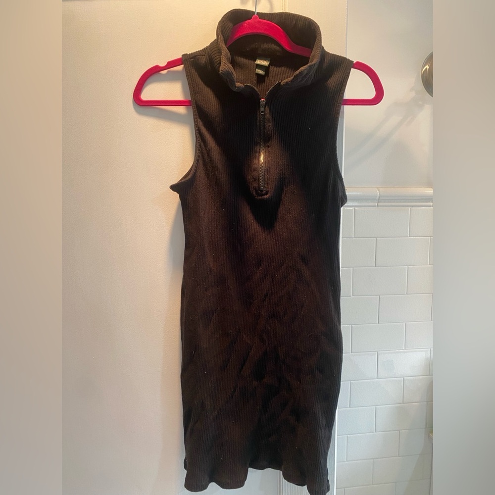 Wild Fable- Black Ribbed Mini Dress with Mock Neck Zip Placket, Black, Size XXL